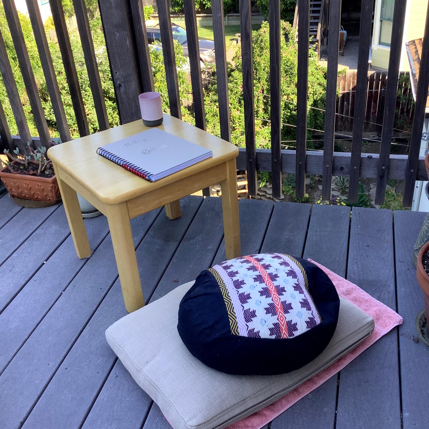 Journal, low table, cushions outside